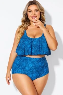 Navy Blue Floral Print Hem Bikini Top