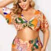 Tropical Print Sexy Bow V-neck Bikini Set