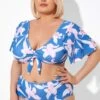 Blue Flower Print Bow V-neck Bikini Top