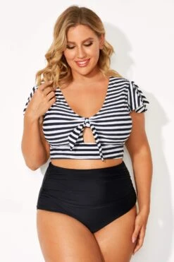 Black & White Stripe Retro Women Bikini Top