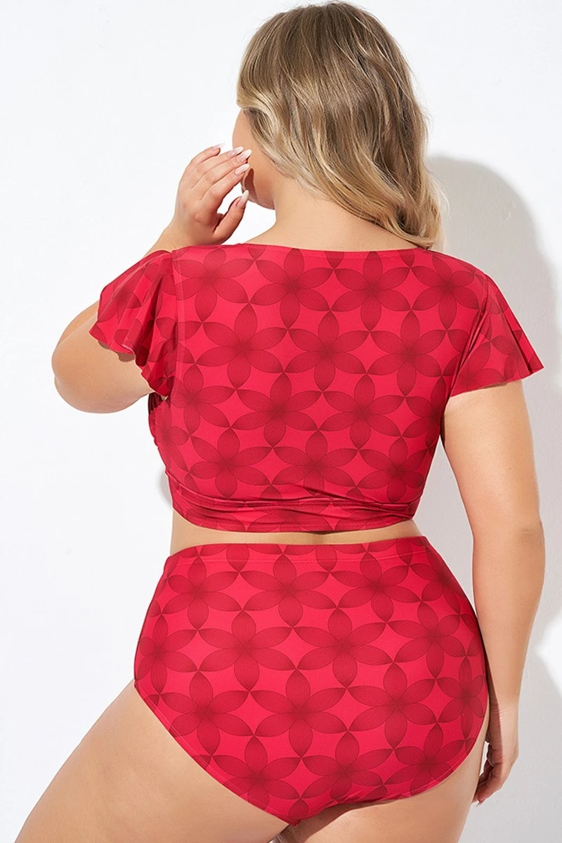 Red Geometric Interwoven Print Bikini Top - Image 2