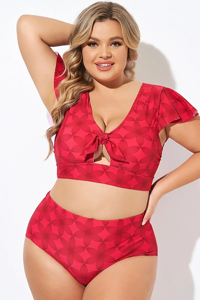Red Geometric Interwoven Print Bikini Top - Image 4