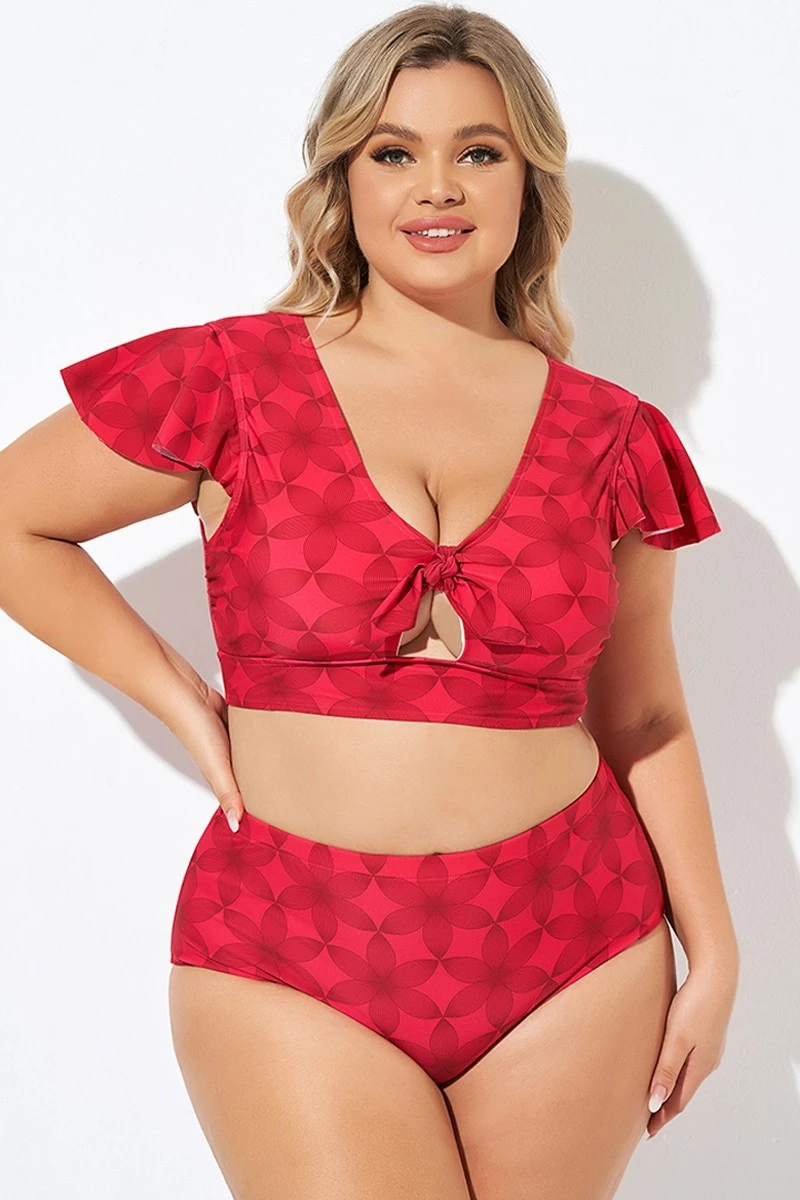 Red Geometric Interwoven Print Bikini Top - Image 6
