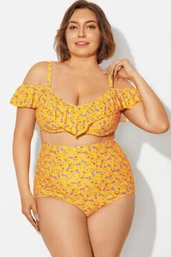 Yellow Floral Ruffled Underwire Women Bikini Top