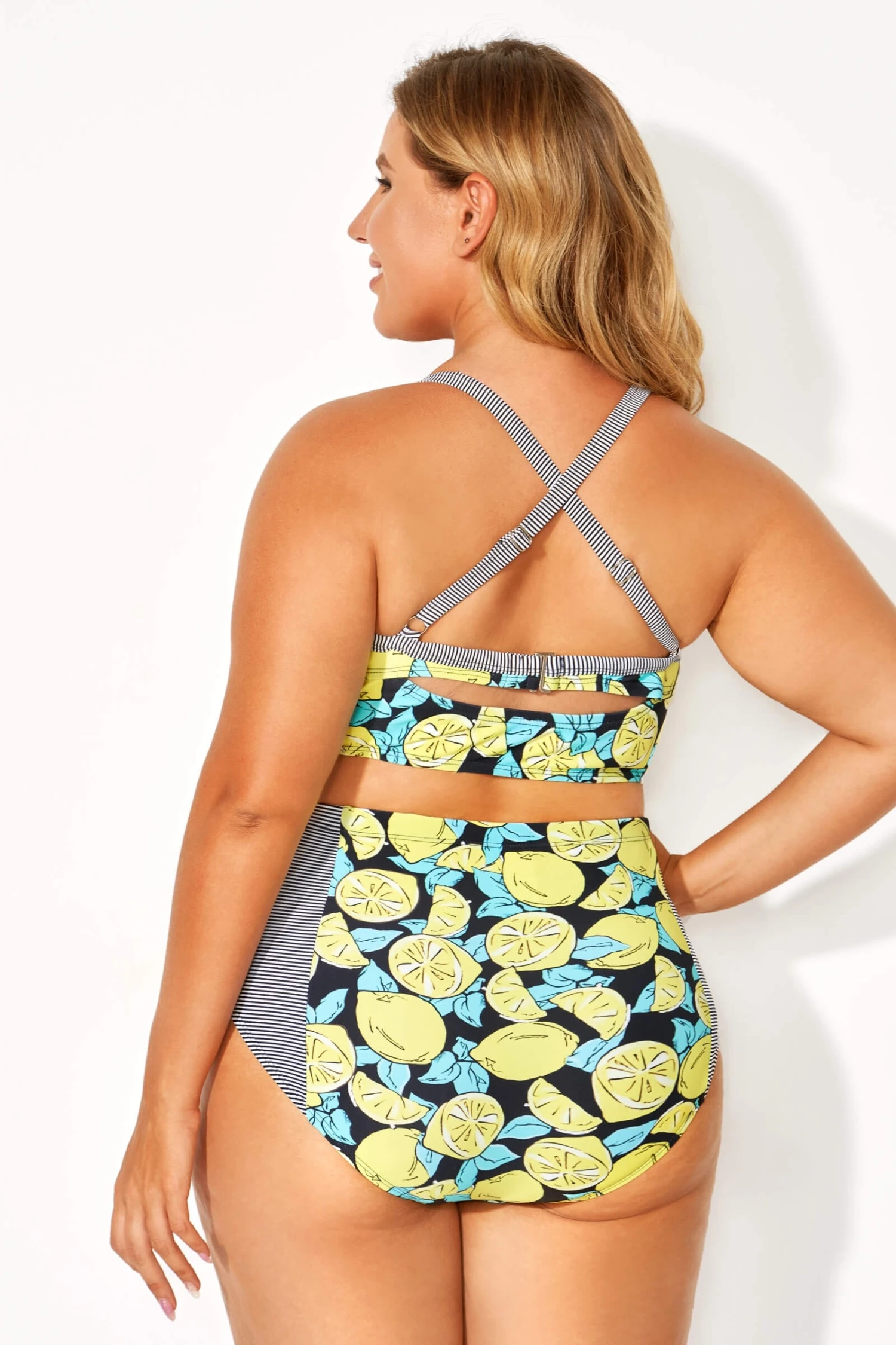 Lemon Print & Striped Bust Support Bikini Top - Image 2