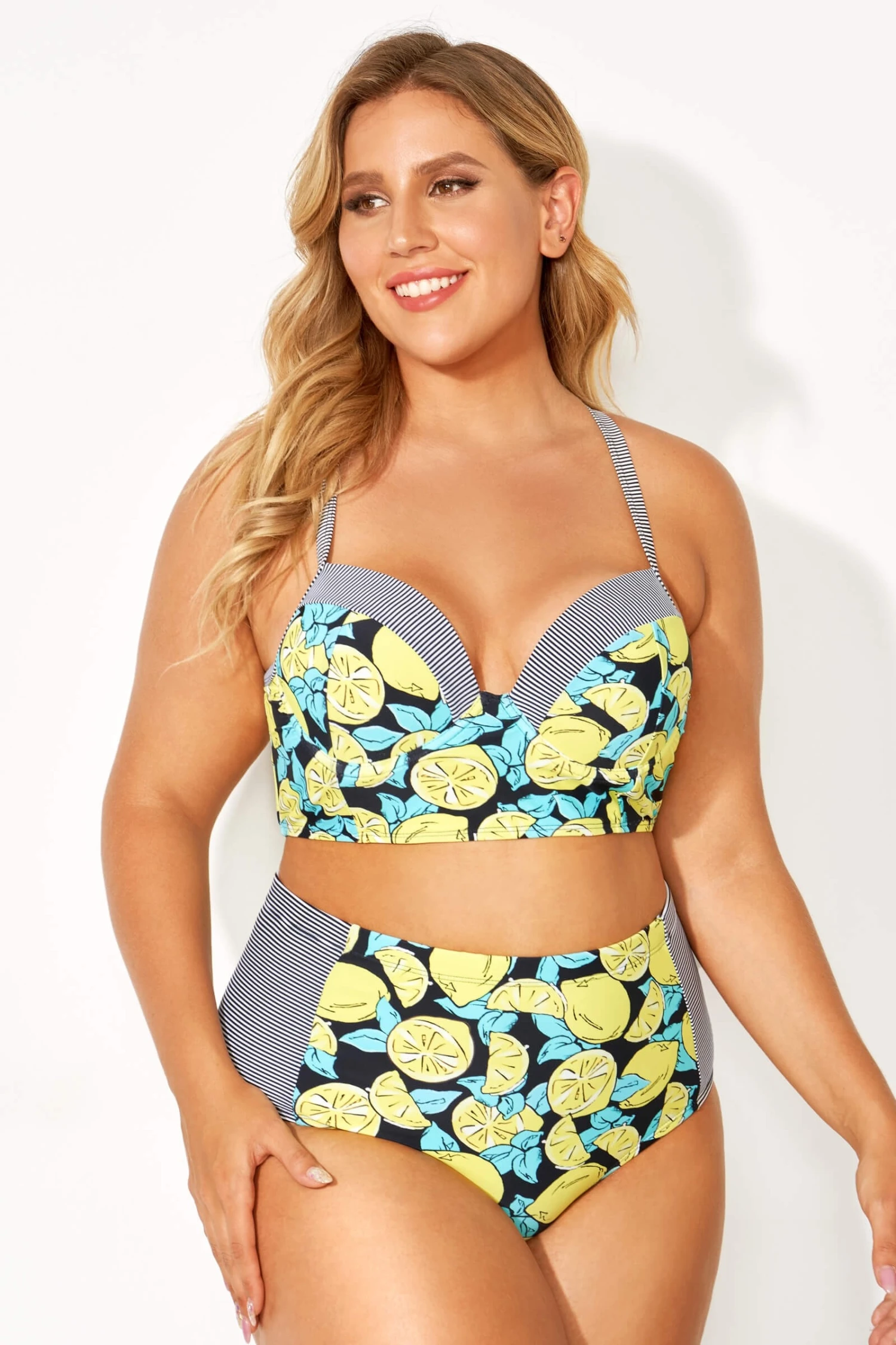 Lemon Print & Striped Bust Support Bikini Top - Image 3