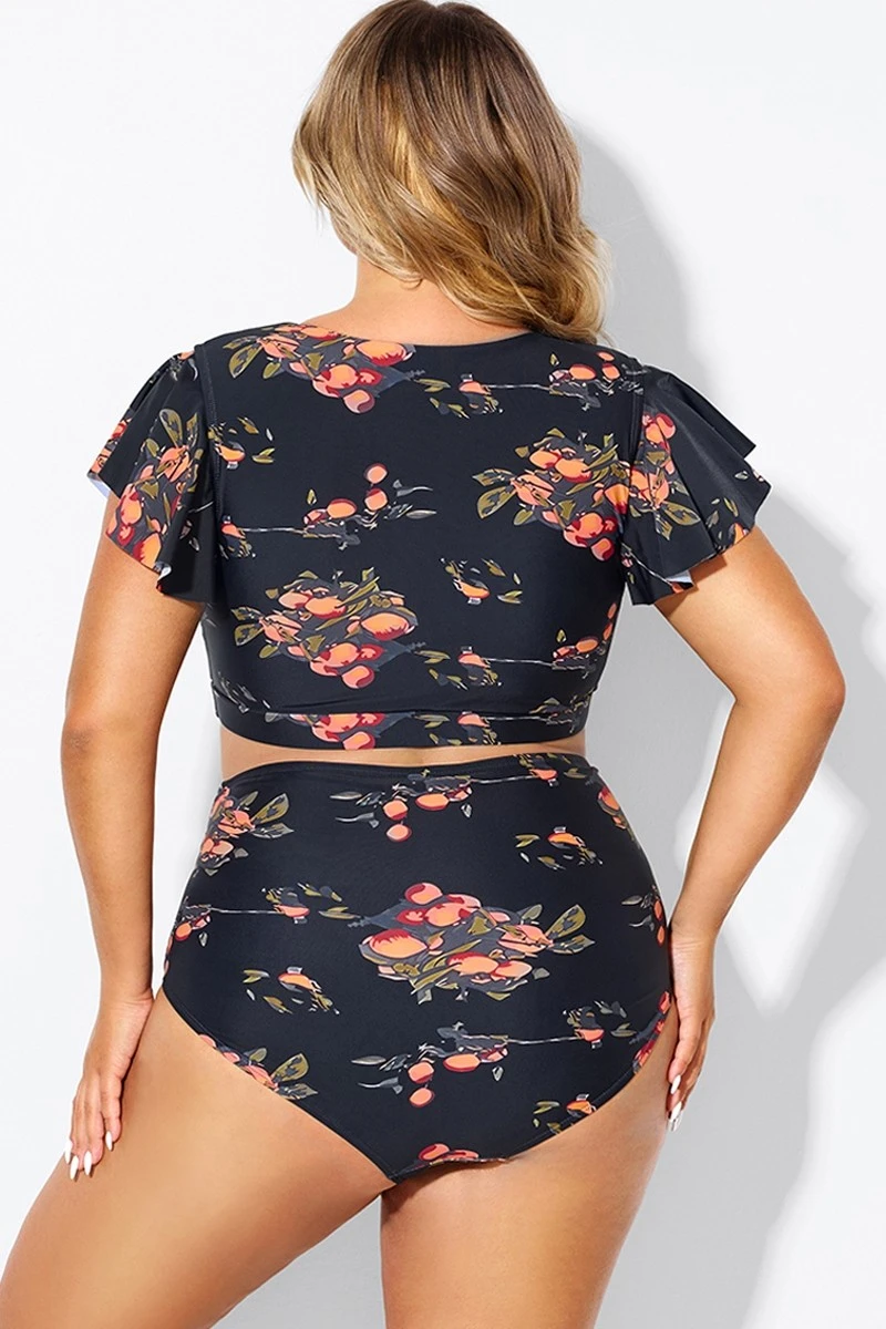 Floral Print Flutter Sleeve Elegant Swim Bikini Top - Image 2