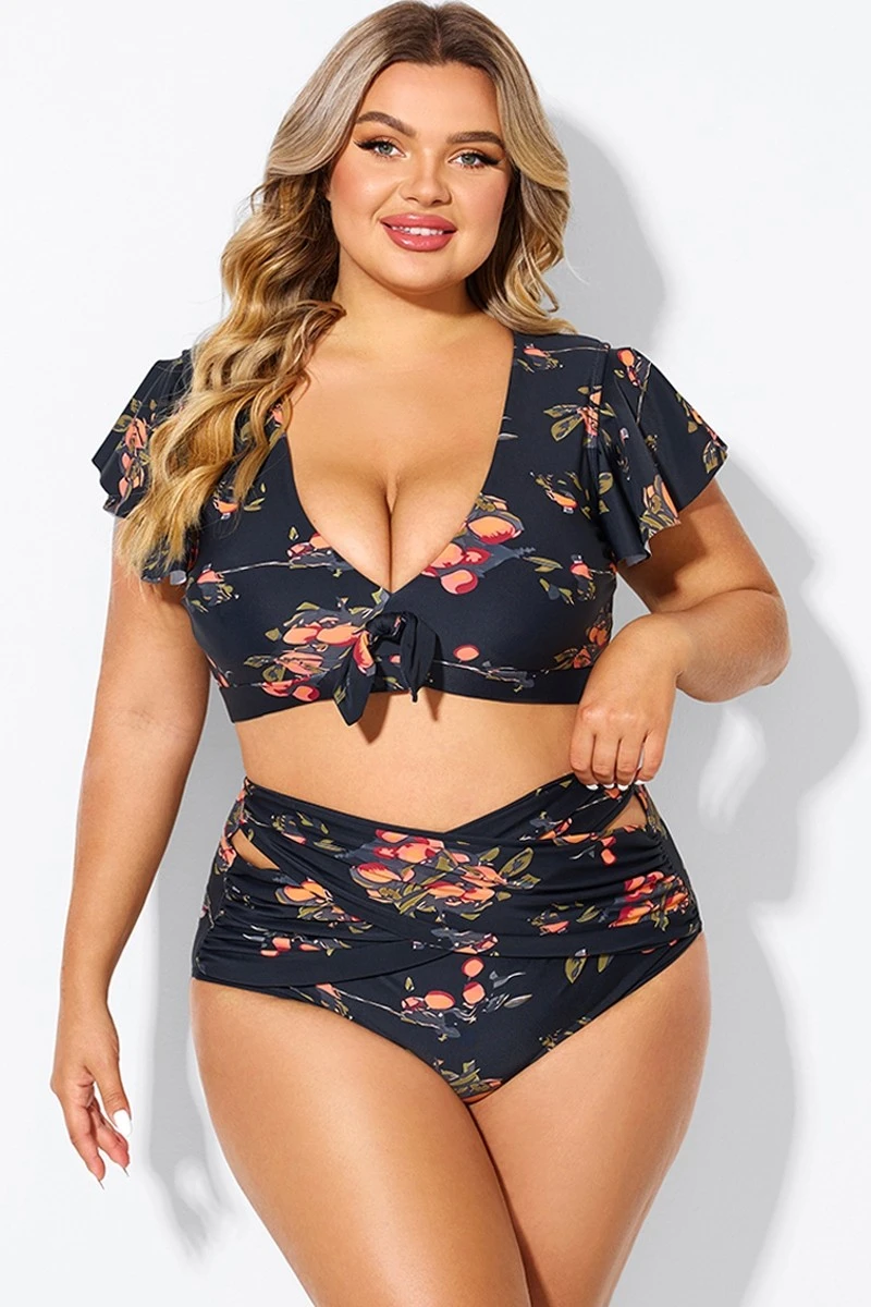 Floral Print Flutter Sleeve Elegant Swim Bikini Top - Image 3
