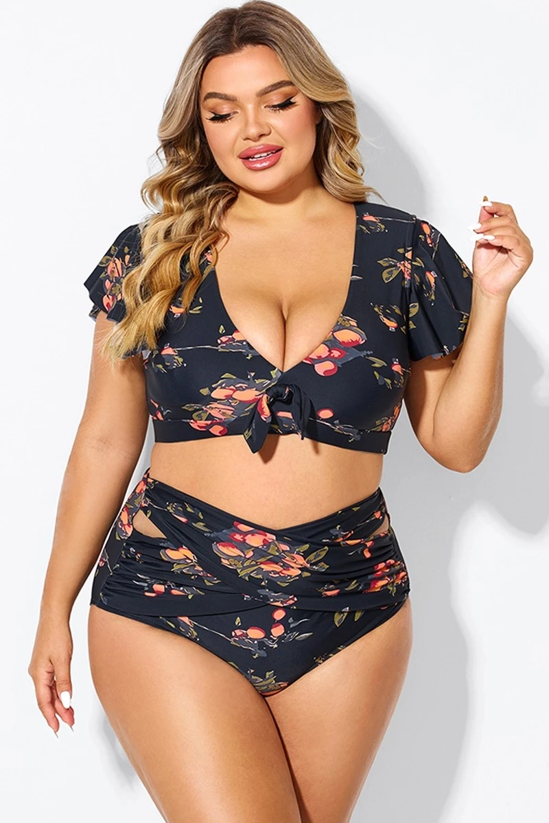 Floral Print Flutter Sleeve Elegant Swim Bikini Top - Image 4