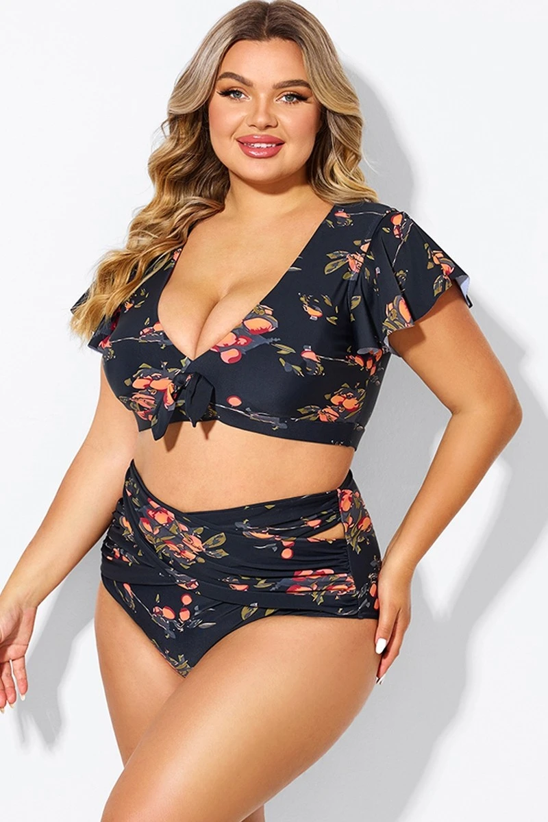 Floral Print Flutter Sleeve Elegant Swim Bikini Top - Image 5