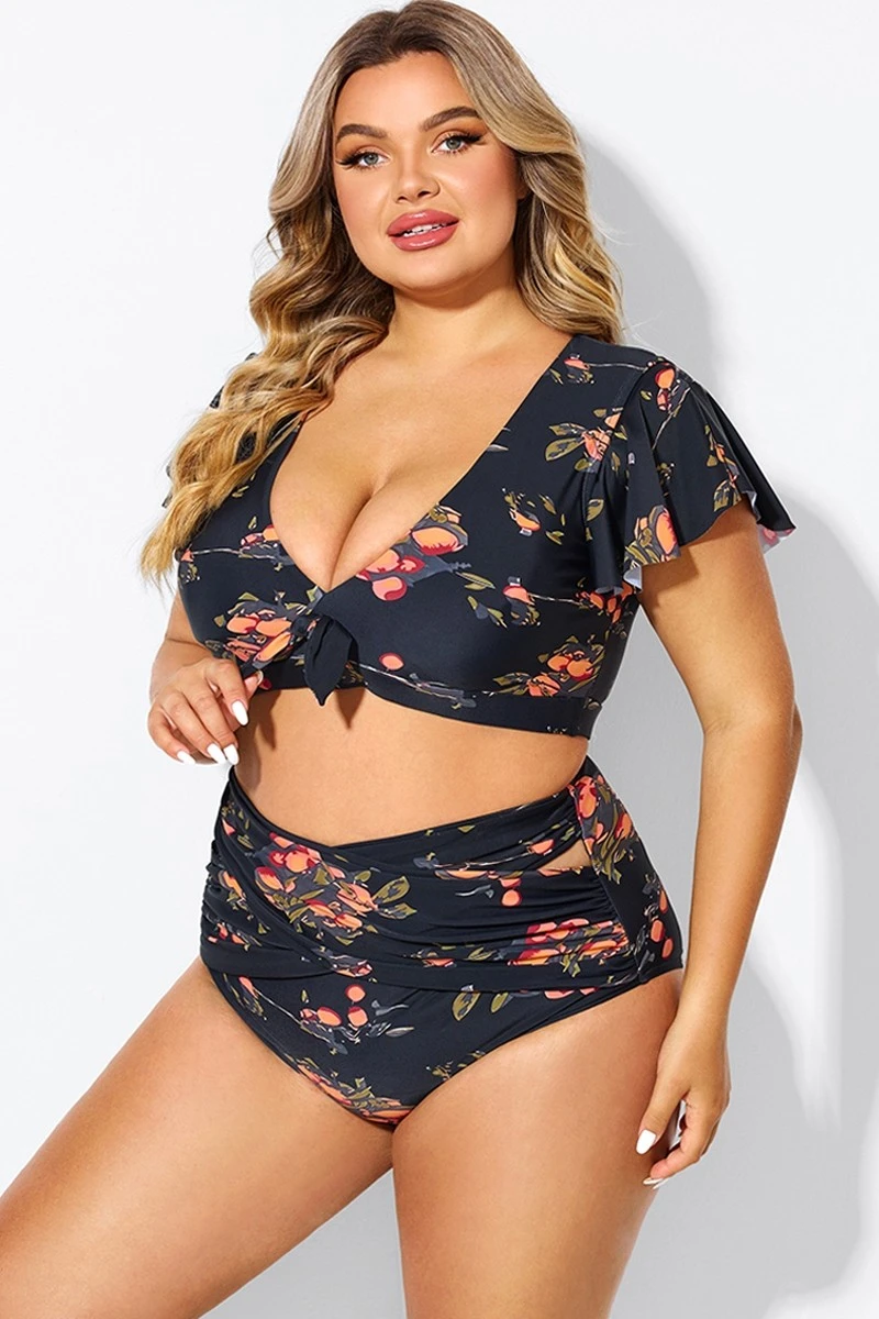 Floral Print Flutter Sleeve Elegant Swim Bikini Top - Image 6
