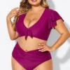 Purple Flutter Sleeve Elegant Swim Bikini Top