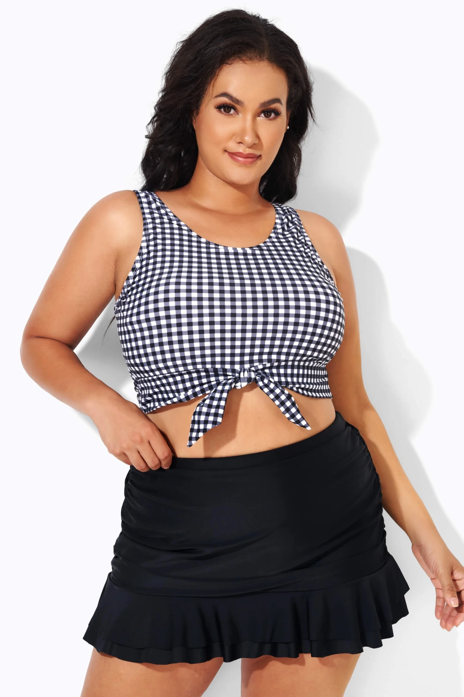 Black & White Gingham Knotted Crop Bikini Top - Image 3