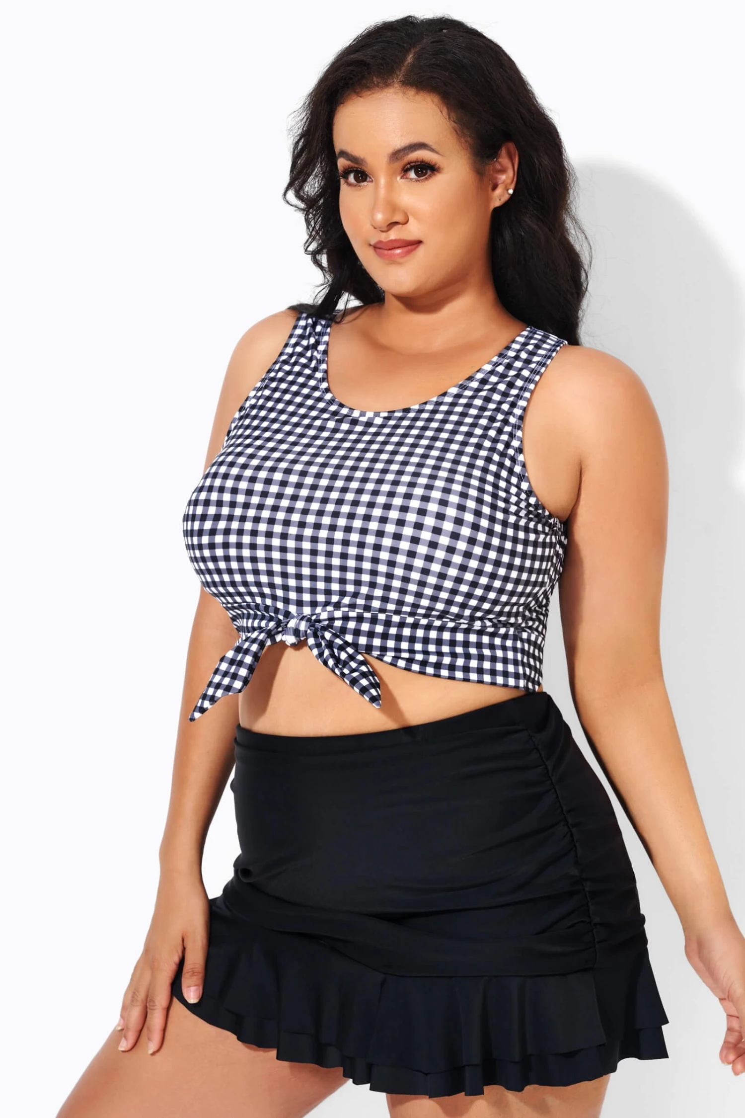 Black & White Gingham Knotted Crop Bikini Top - Image 4