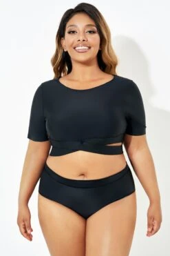 Black Cross Under The Bust Bikini Top With Sleeves