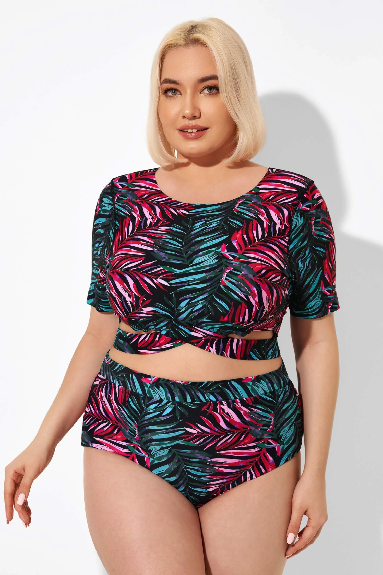 Leaf Print Round Neck Bikini Top With Sleeves - Image 5