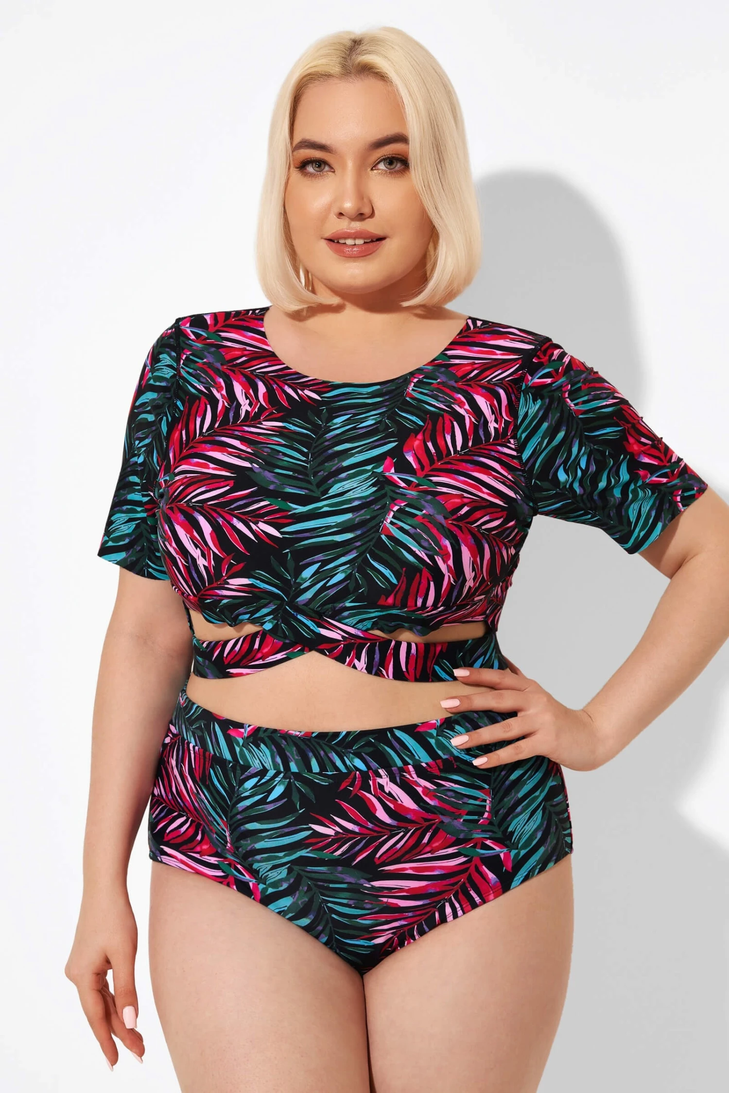 Leaf Print Round Neck Bikini Top With Sleeves - Image 6