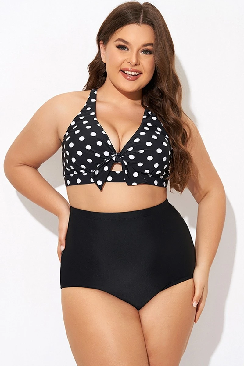 Polka Dot V Neck Front Knot Bikini Top