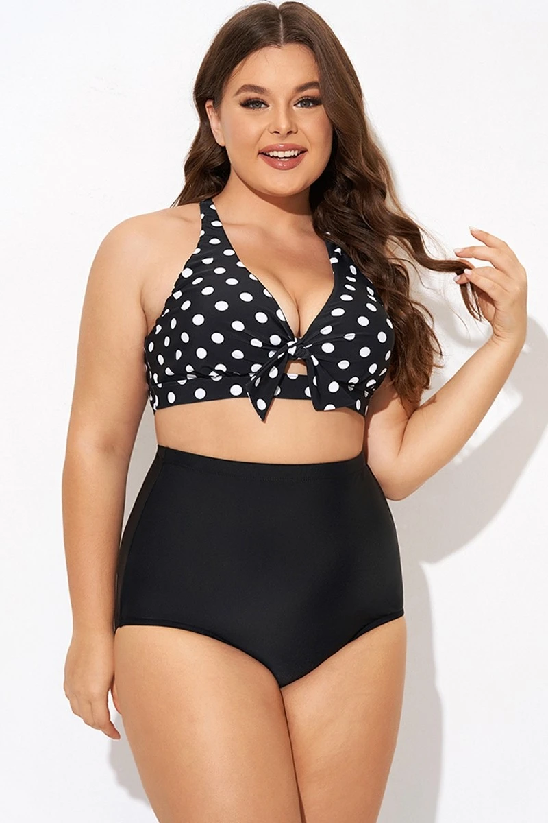 Polka Dot V Neck Front Knot Bikini Top - Image 3
