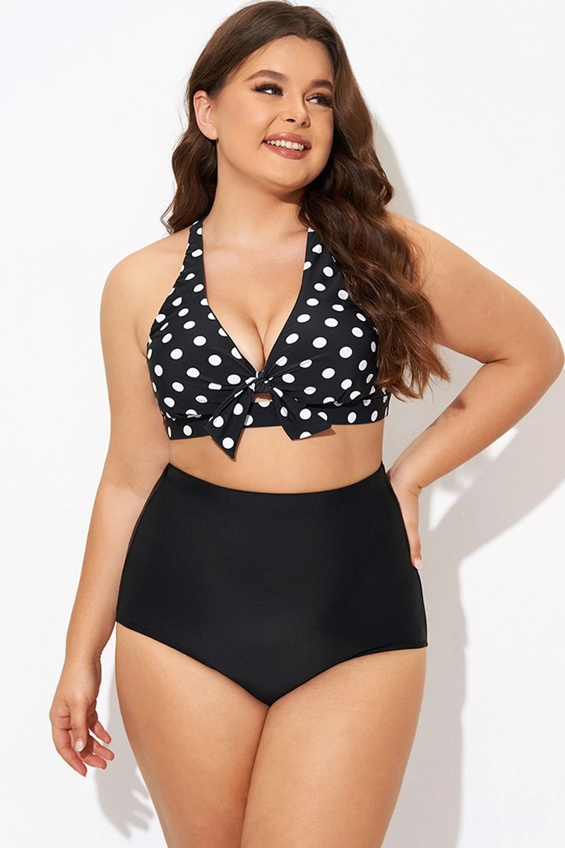 Polka Dot V Neck Front Knot Bikini Top - Image 4
