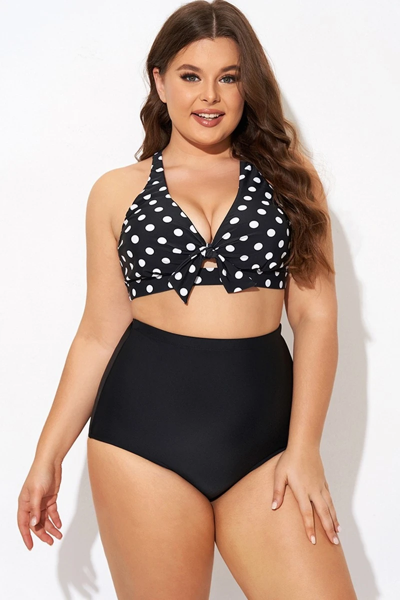 Polka Dot V Neck Front Knot Bikini Top - Image 5