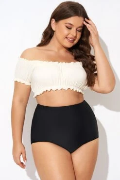 Retro White Ruffles Bardot Sleeves Bikini Top