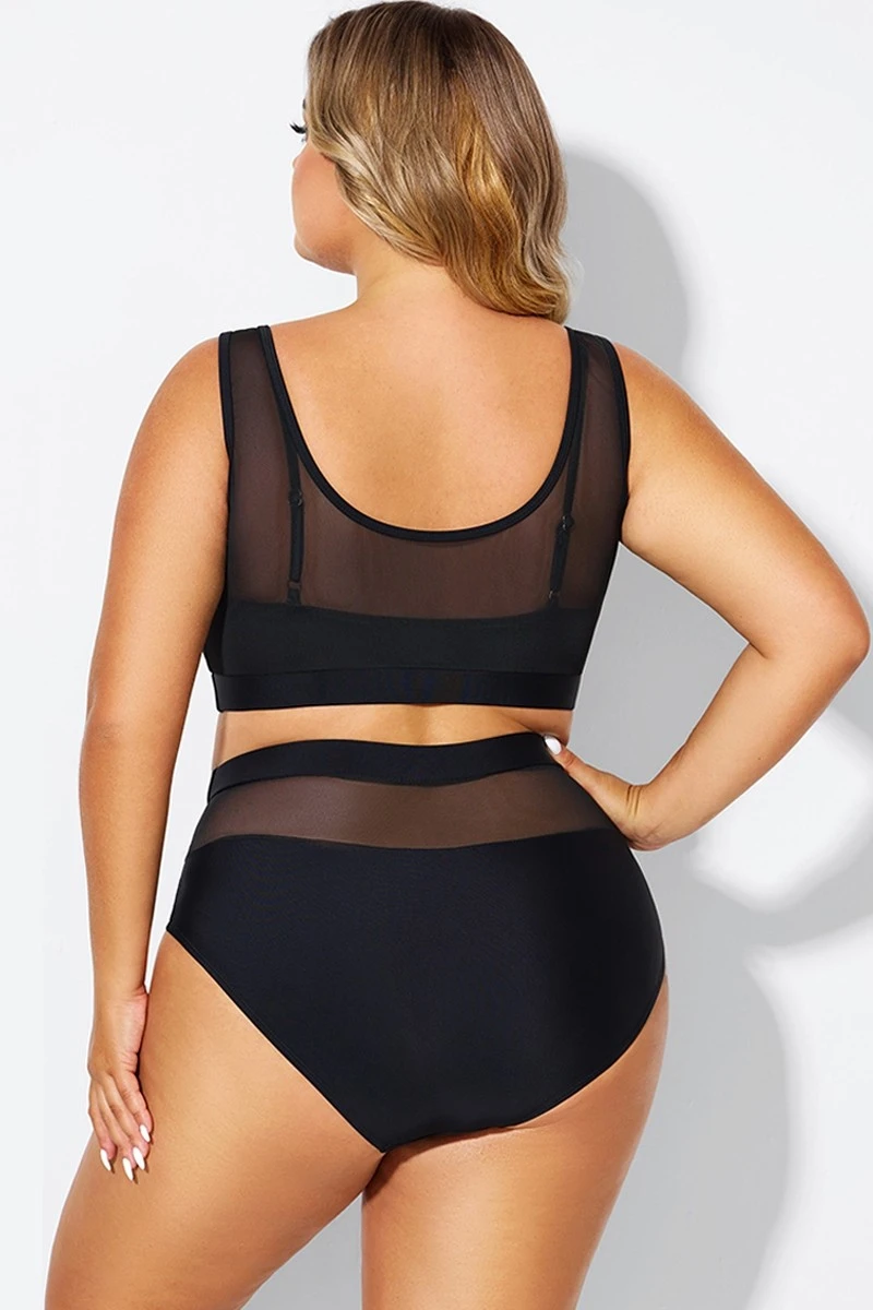 Double Up Mesh Patchwork Solid Bikini Top - Image 2