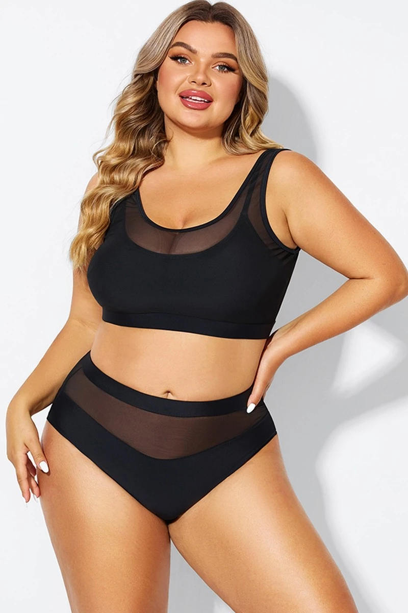 Double Up Mesh Patchwork Solid Bikini Top - Image 3