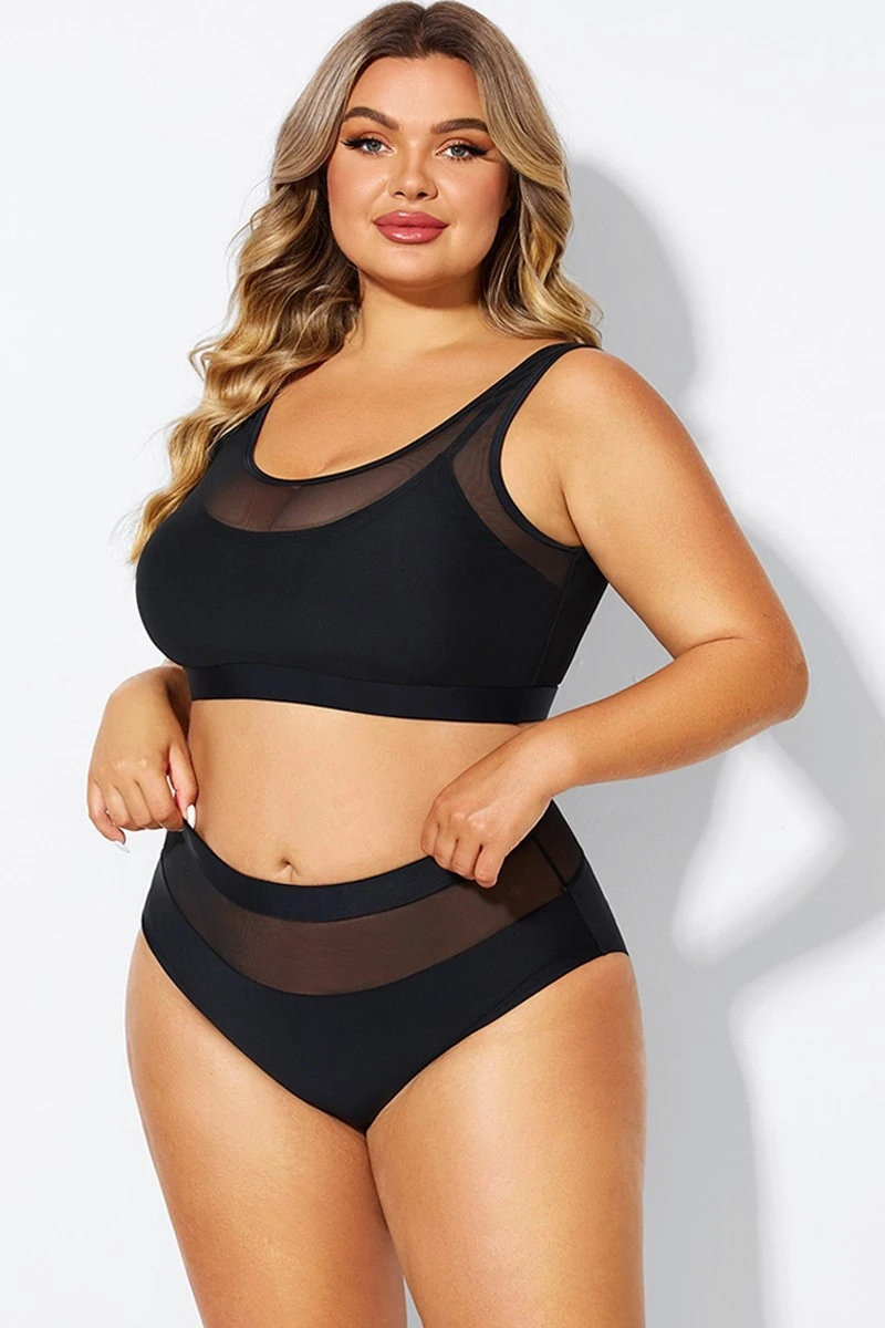 Double Up Mesh Patchwork Solid Bikini Top - Image 4