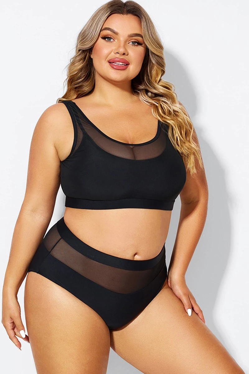 Double Up Mesh Patchwork Solid Bikini Top - Image 6