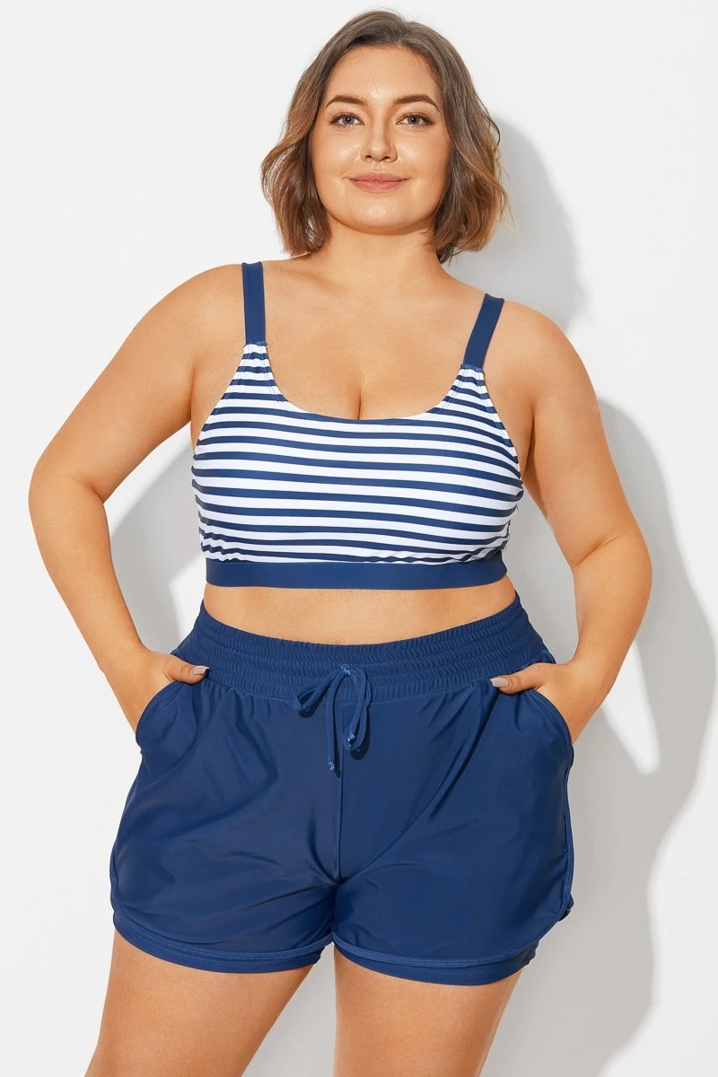 Plus Size Squaue Neck Navy Stripe Bikini Top - Image 3