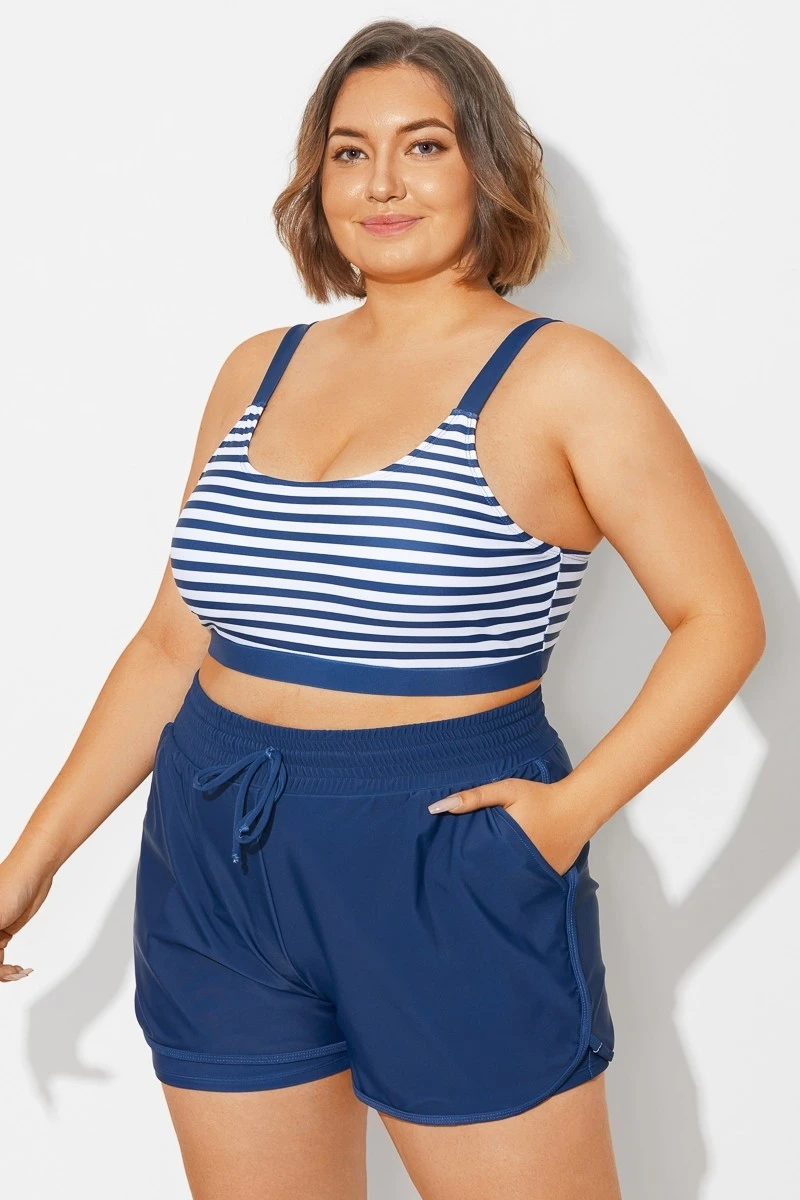 Plus Size Squaue Neck Navy Stripe Bikini Top - Image 5