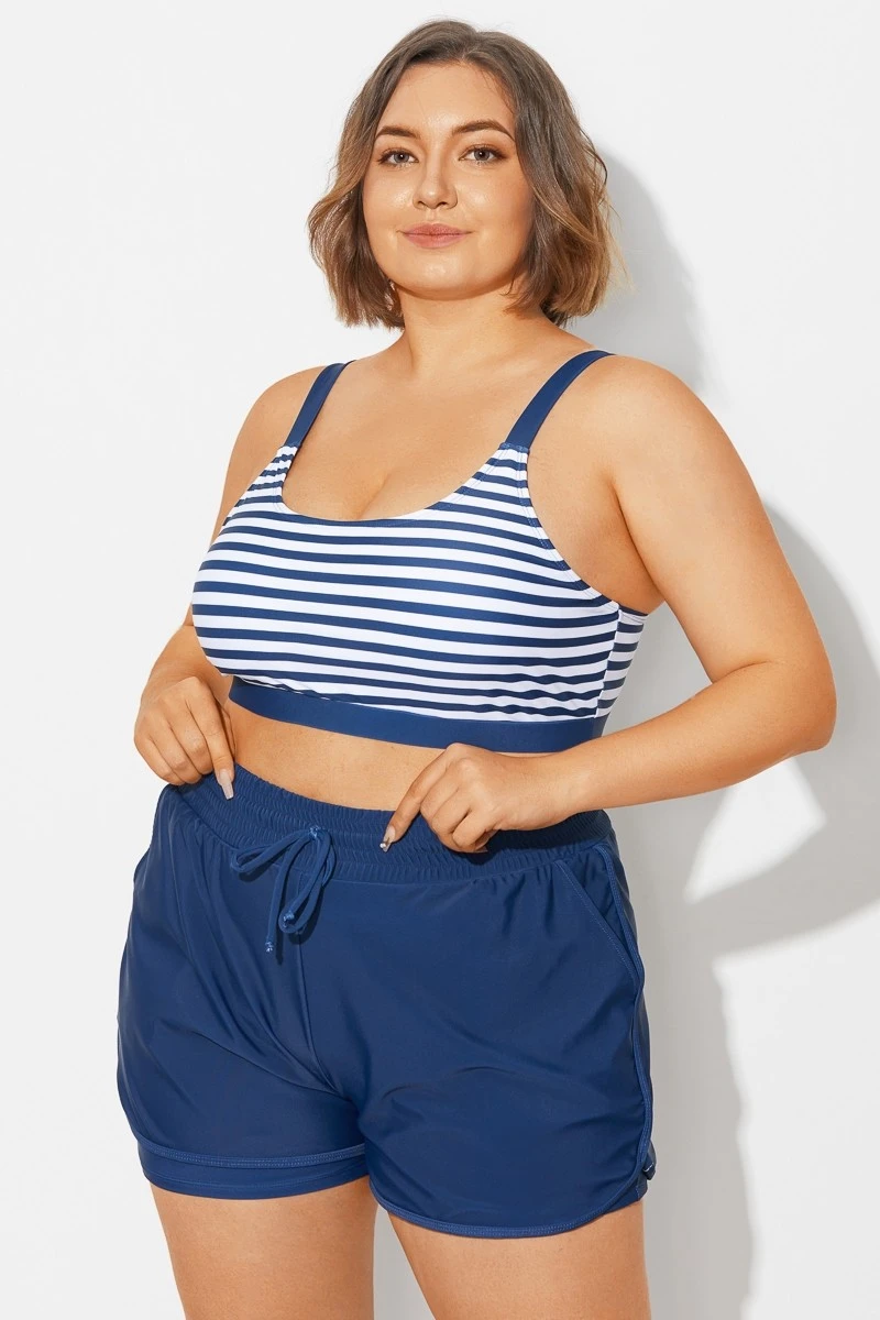 Plus Size Squaue Neck Navy Stripe Bikini Top - Image 4