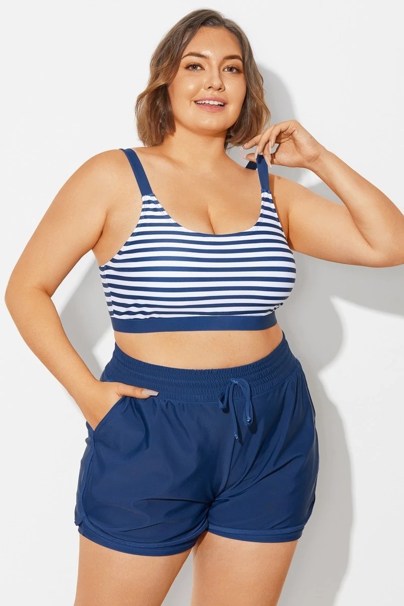 Plus Size Squaue Neck Navy Stripe Bikini Top - Image 6