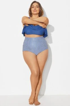 Navy＆White Vertical Stripe High Waisted Bkini Bottom