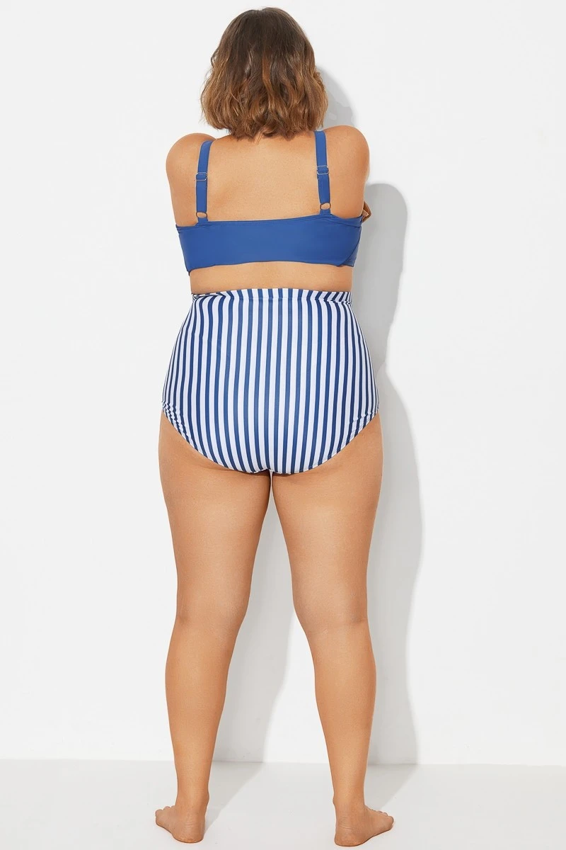 Navy&White Vertical Stripe High Waisted Bkini Bottom - Image 2