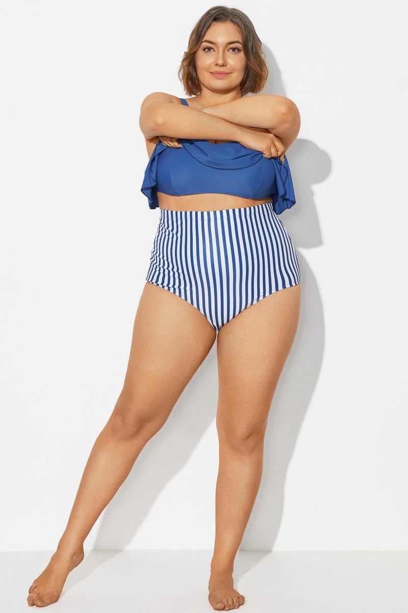 Navy&White Vertical Stripe High Waisted Bkini Bottom - Image 3