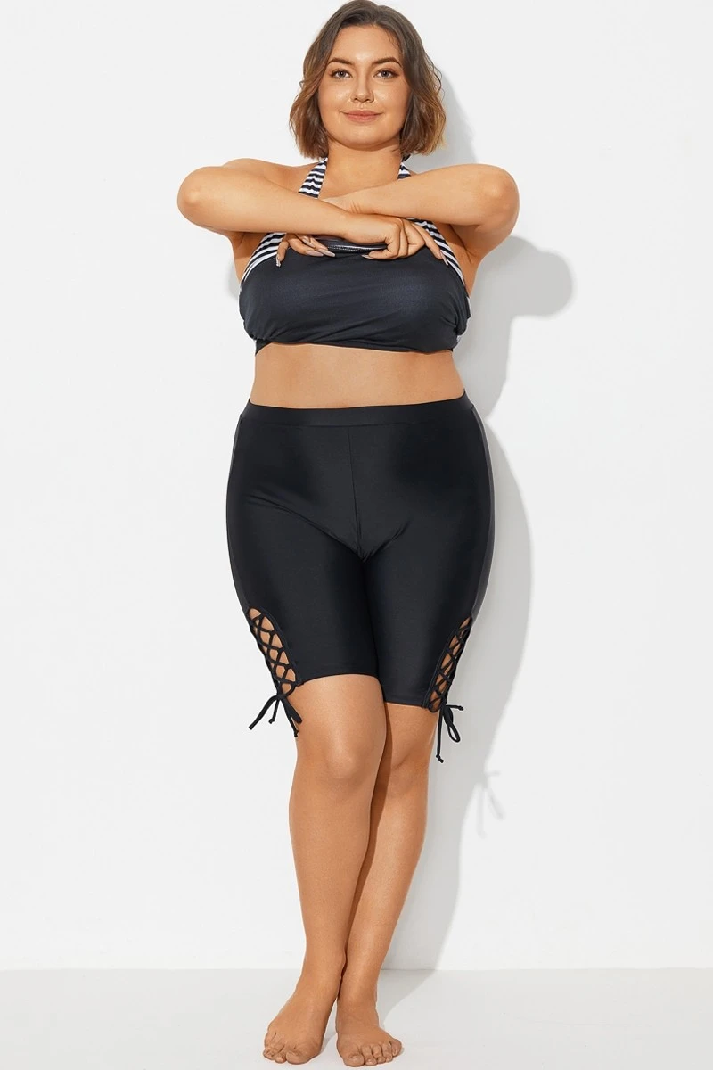 Lace Up Side Black Mid Waist Swim Shorts
