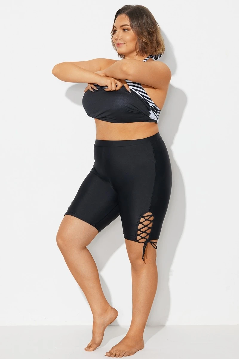 Lace Up Side Black Mid Waist Swim Shorts - Image 4