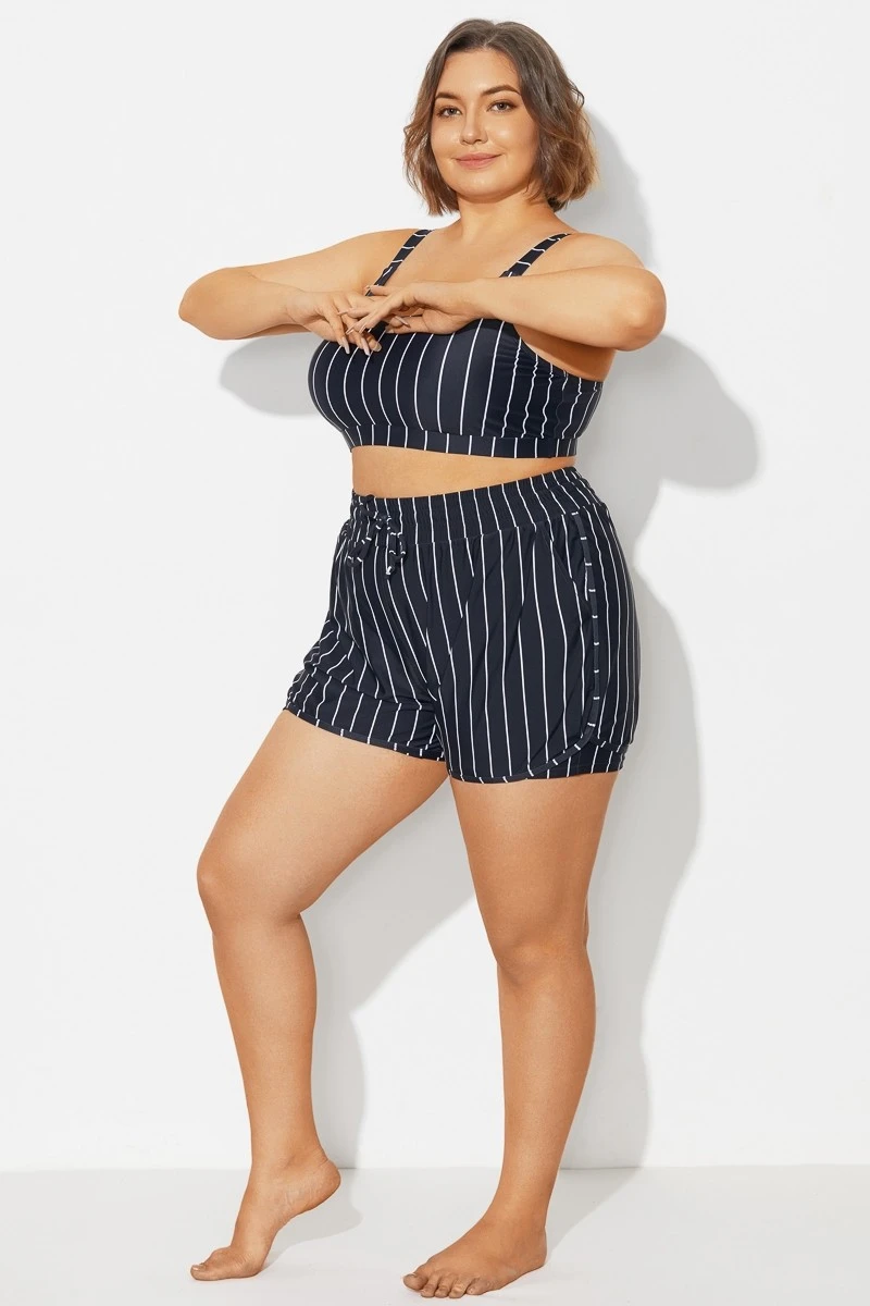 Plus Size Black & White Pinstripe Shorts - Image 4