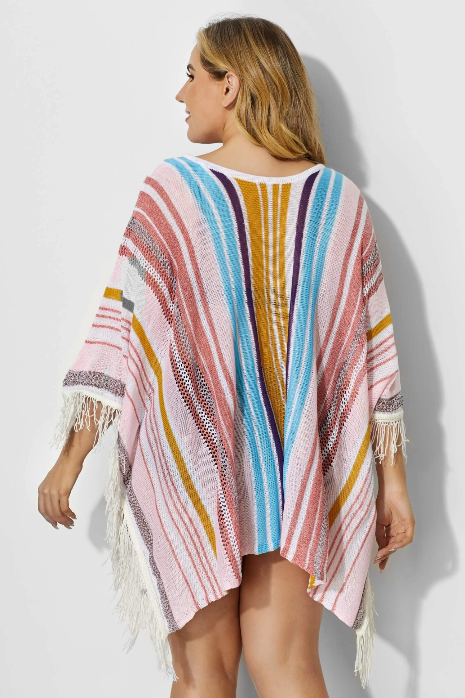 Colorful Vertical Stripes Square Cover Up With Tassels - Image 3