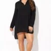 Black V-neck Side Split Cover Up Shirt Beach Dress