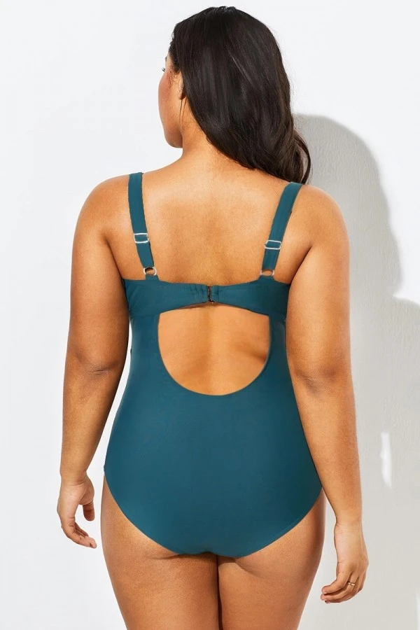 Green Modest Cut-out One Piece Swimsuit For Lady - Image 2