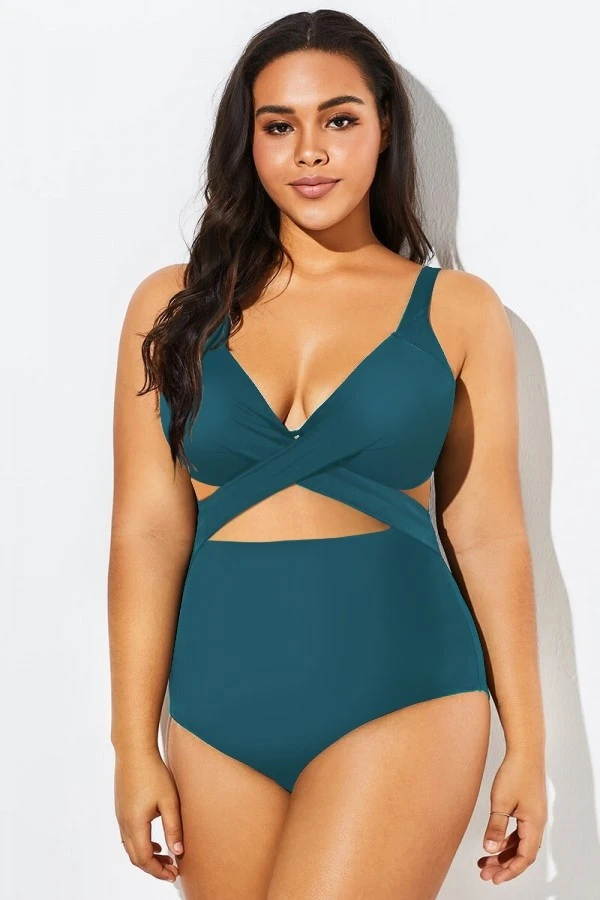 Green Modest Cut-out One Piece Swimsuit For Lady - Image 3