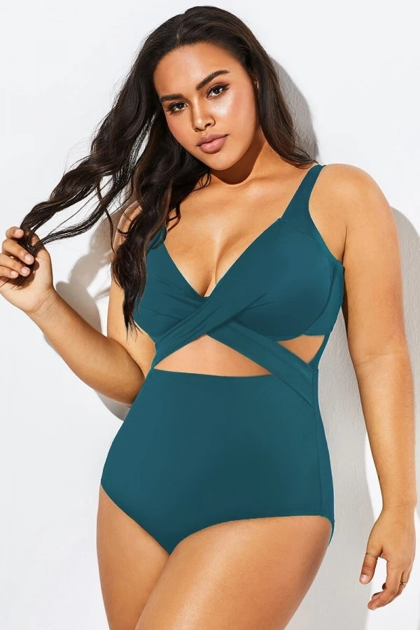 Green Modest Cut-out One Piece Swimsuit For Lady - Image 4