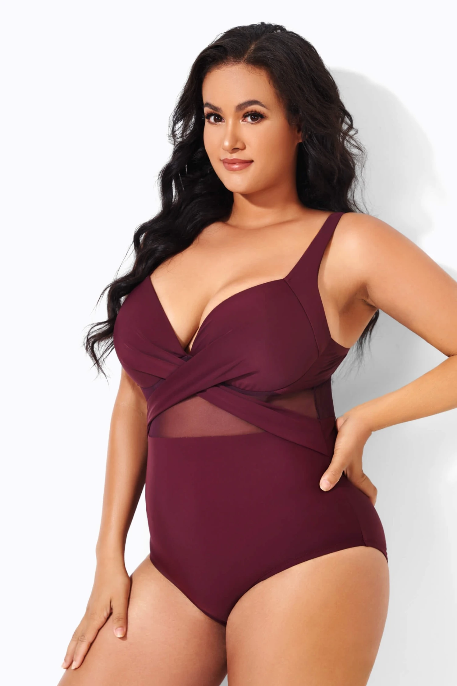 Wine Cut Out Mesh Fashion One Piece Swimsuit - Image 3