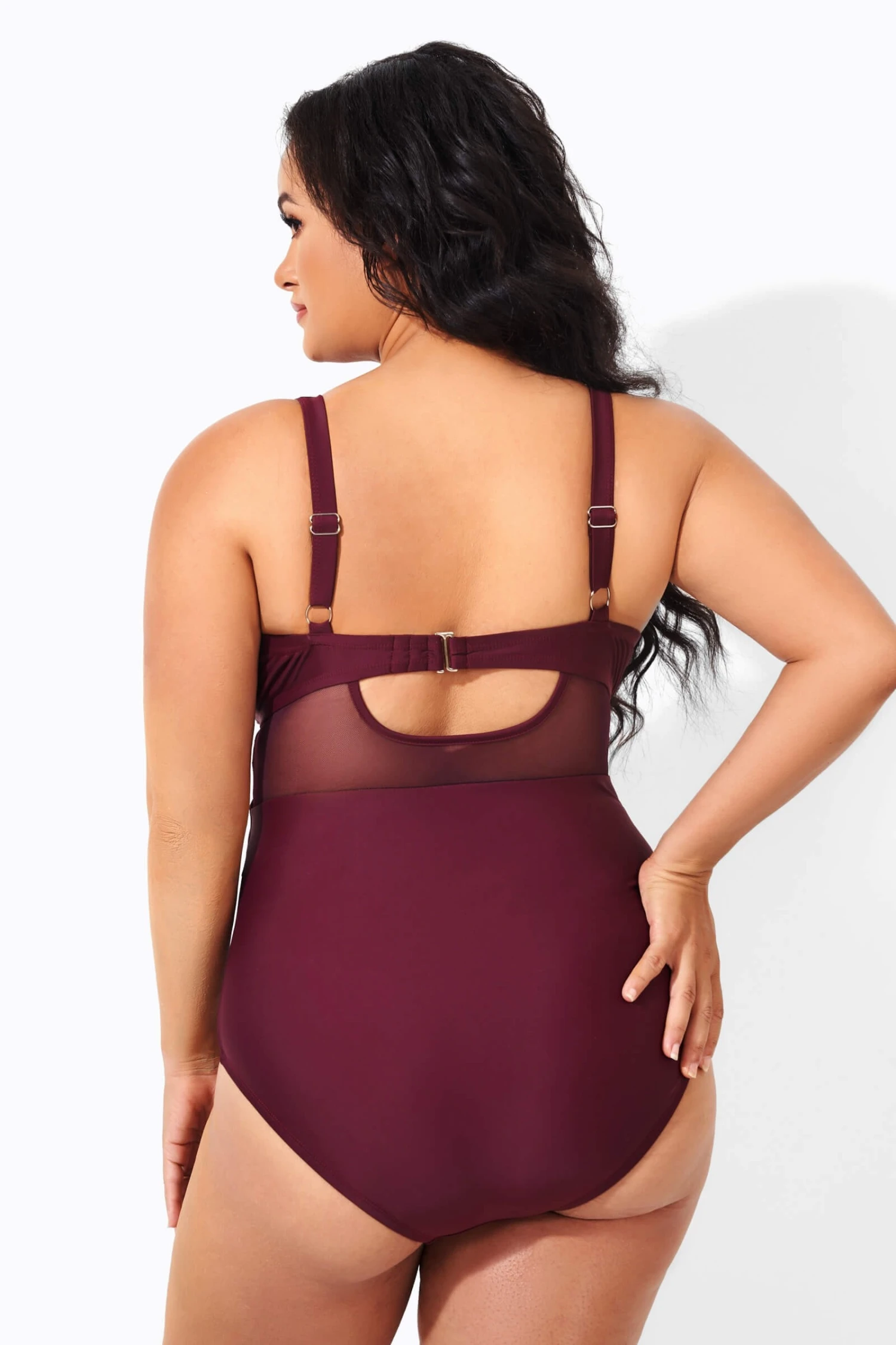 Wine Cut Out Mesh Fashion One Piece Swimsuit - Image 2
