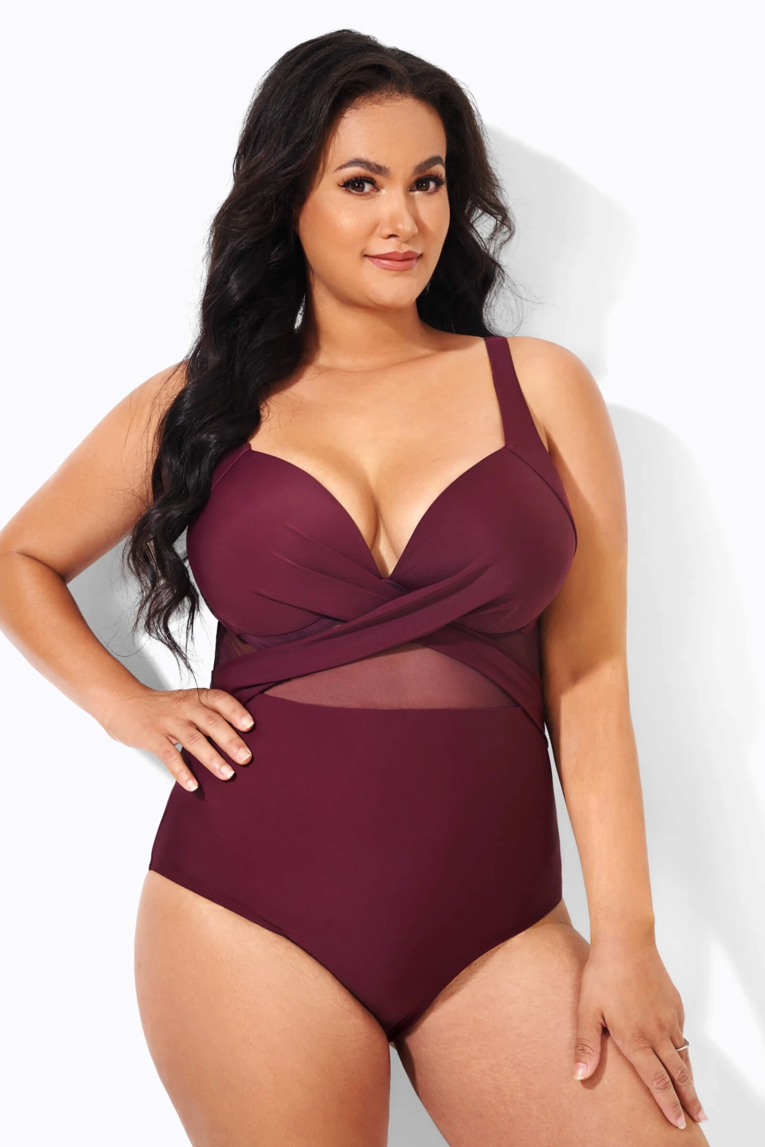 Wine Cut Out Mesh Fashion One Piece Swimsuit - Image 4