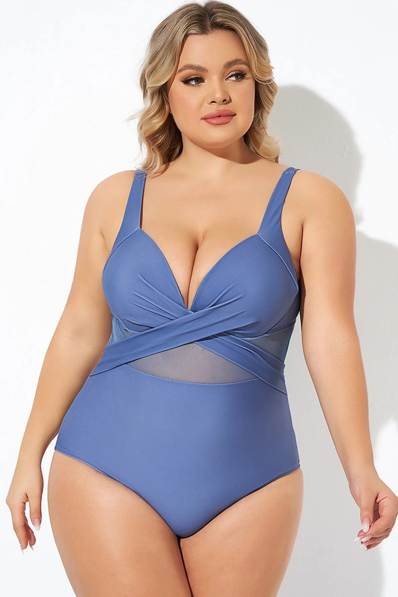 Blue Cut Out Mesh Adjustable Straps One Piece Swimsuit - Image 6