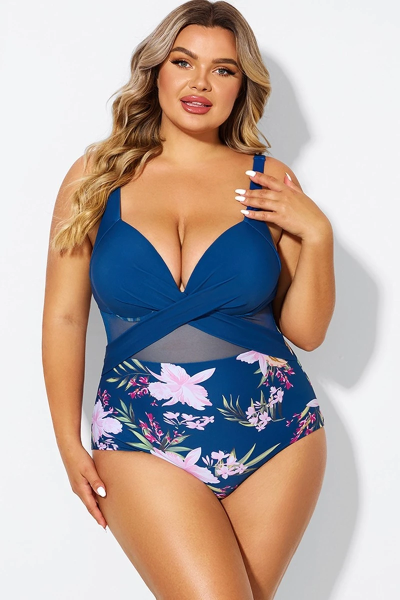 Floral Print Cut Out Mesh Underwire One Piece Swimsuit - Image 3
